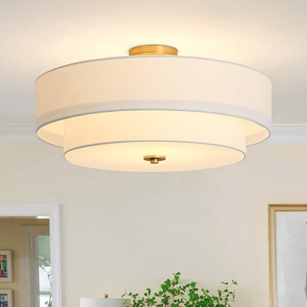 French Country Brass Round White Linen Drum Ceiling Light
