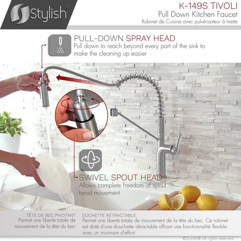 STYLISH Stainless Steel Single Handle Pull Down Sprayer Kitchen Faucet - Faucet Height: 16 3/4" | Spout Height: 7 1/2"