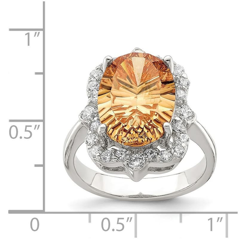 Curata 925 Sterling Silver Oval Polished Open back Champagne and Clear Color CZ Cubic Zirconia Simulated Diamond Ring