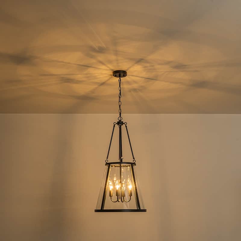 4-Light Black Farmhouse Clear Glass Drum Pendant Light