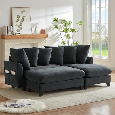 83" Upholstered Sectional Sofa with Movable Ottoman and Six Pillows, Ample Storage Space