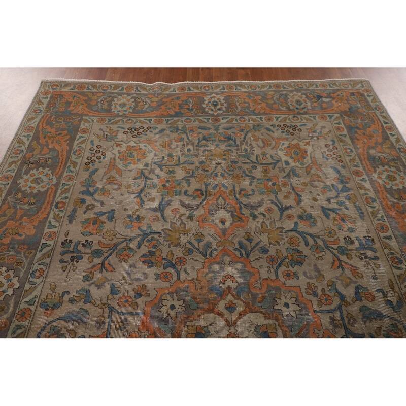 Distressed Tabriz Persian Antique Rug Handmade Floral Wool Carpet - 6'6"x 10'2"