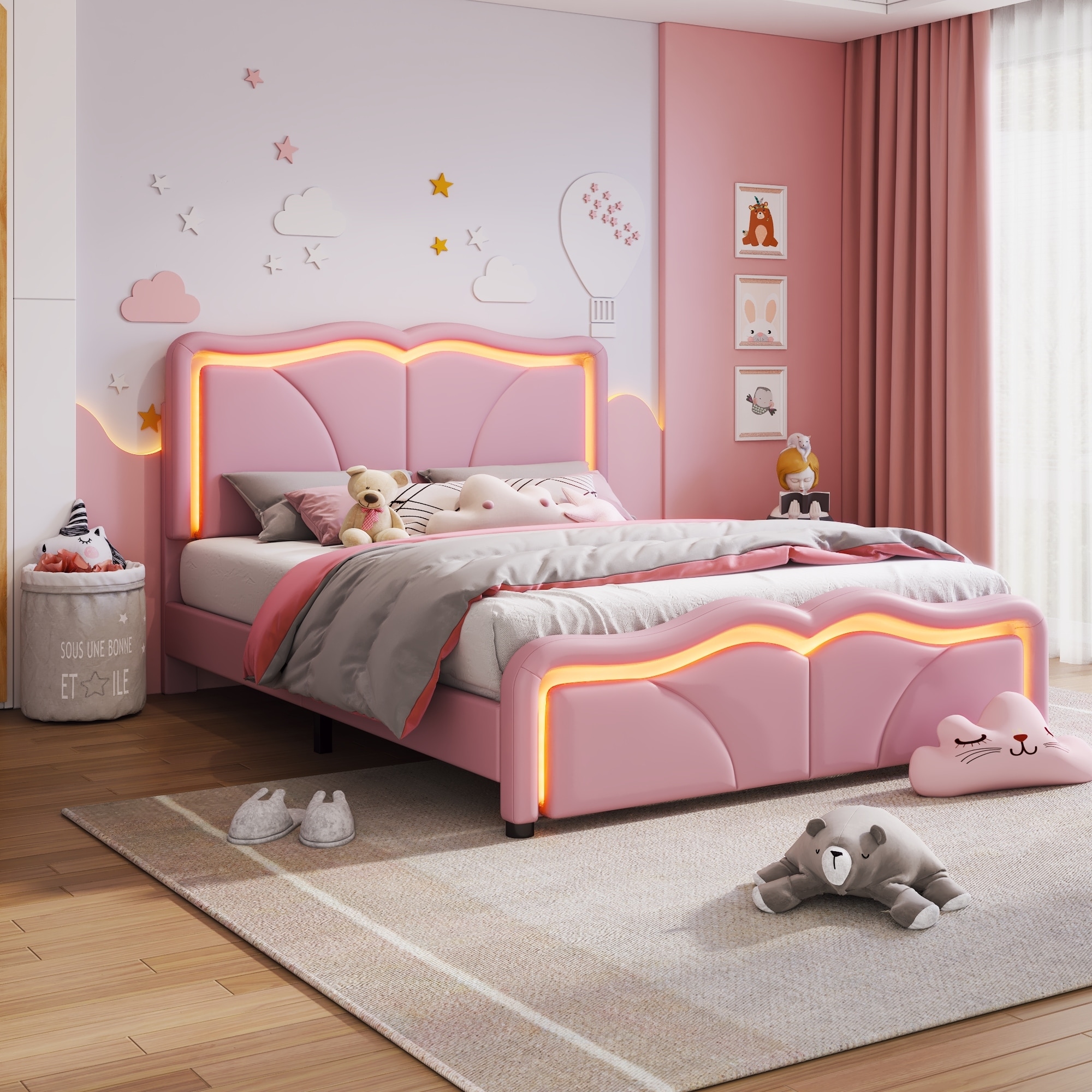 Curve Shaped Upholstered Bed Light Strips Headboard Footboard, Adjustbale Height Wingback Frame Bed, Low-Profile Platform Bed