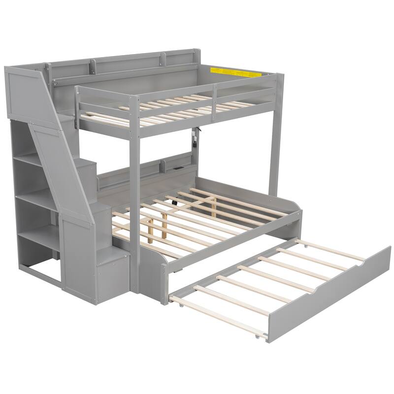 GDFStudio - Solid Wood Twin over Full Bunk Bed with Storage Staircase, Trundle, LED & USB