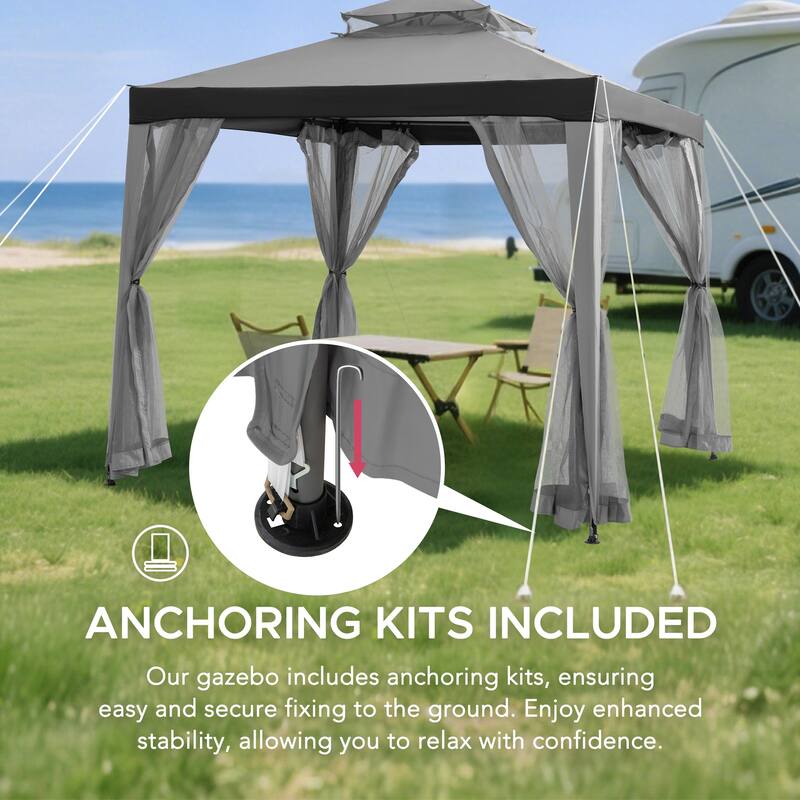 Sunjoy 8 x 8 Outdoor Patio Gazebo Outdoor Backyard Modern 2 Tier Steel Frame Soft Top Gazebo with Mesh Netting Grey Khaki