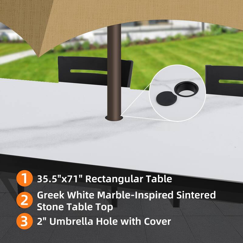 Modern 7-Piece Patio Dining Set - 35.5"x71" Greek Marble Sintered Table with 6 Swivel Rockers, Ember Black