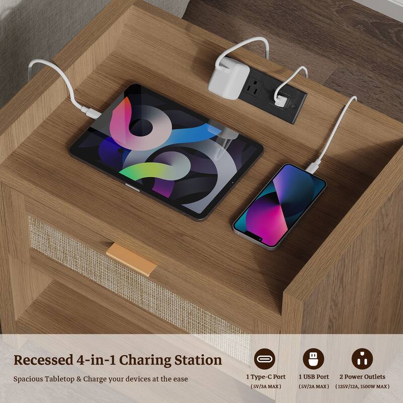 Farmhouse Nightstand with Charging Station and Drawers