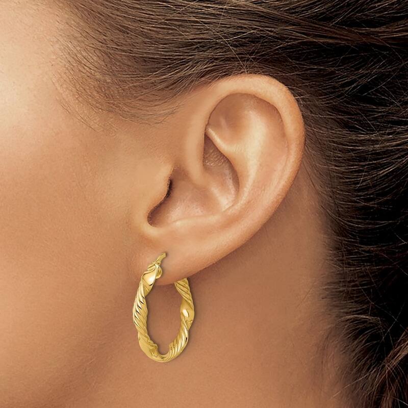 Curata 14k Yellow Gold Polished and Textured Round Hoop Earrings - 26.2x26.17mm