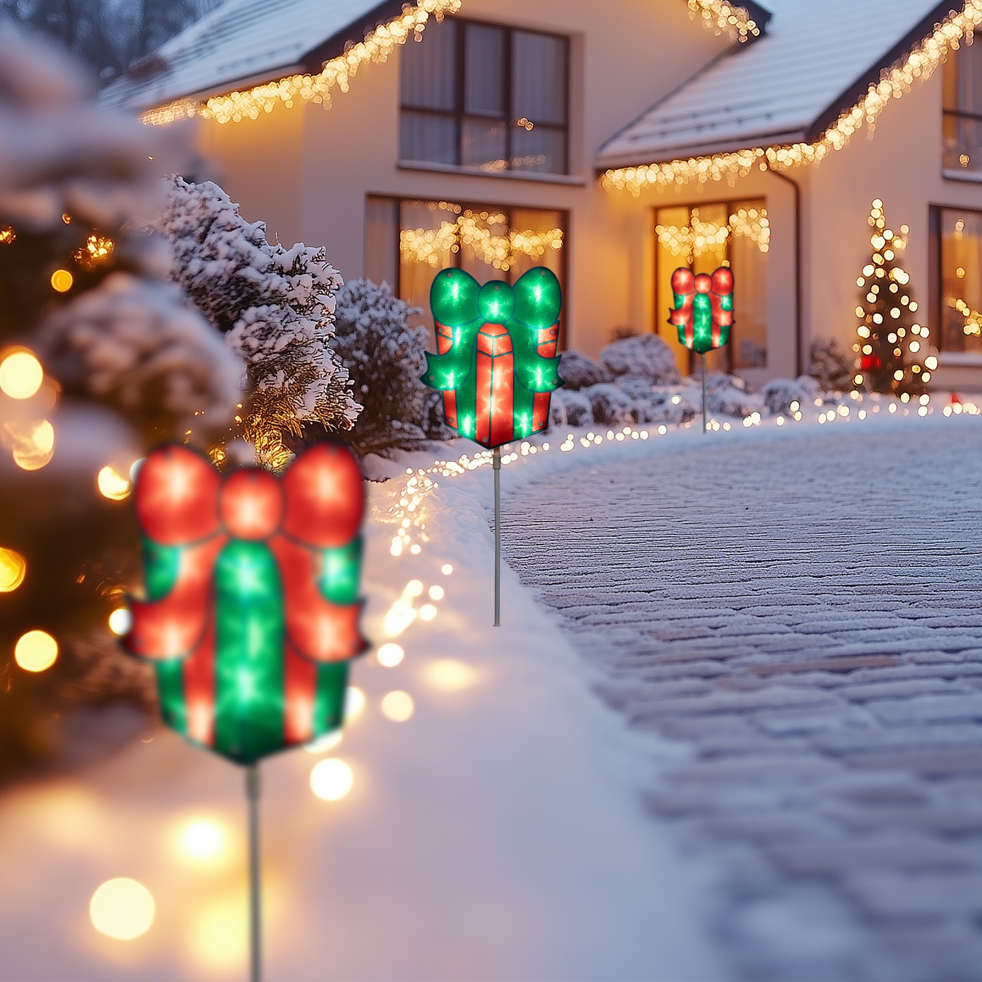 Holographic Gift Box Outdoor Christmas Pathway Markers 24.5" Set of 3