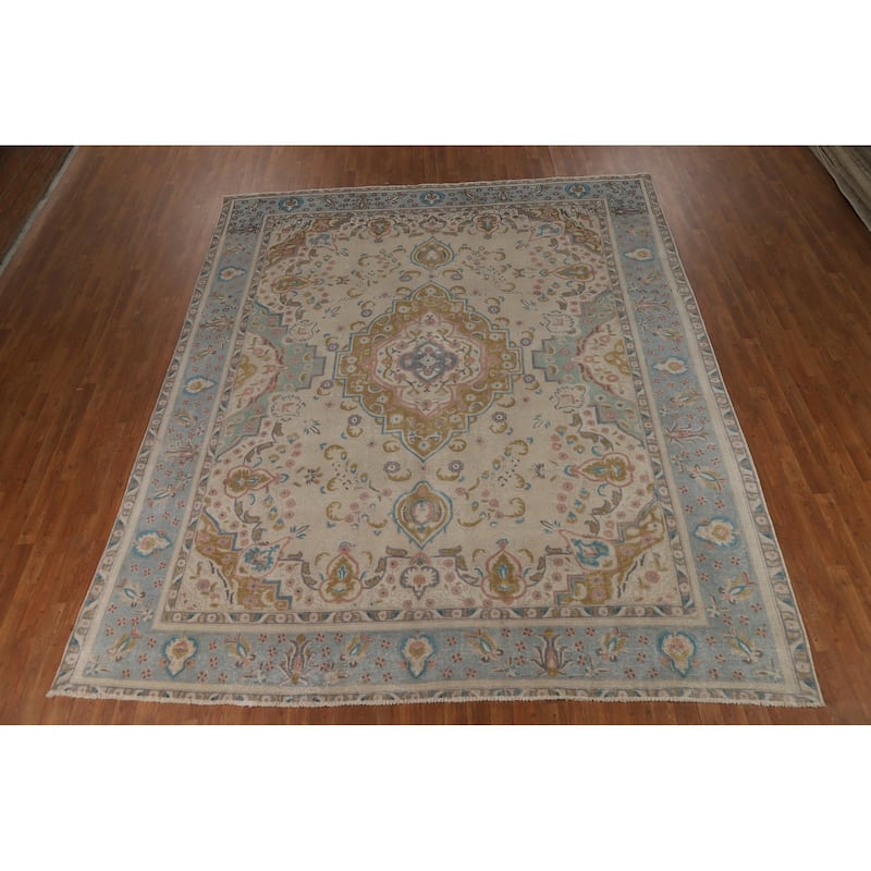 Hand Knotted Oriental 100% Wool Carpet Traditional Floral Beige & Ivories Tabriz Area Rug - 11' 6'' X 9' 7''