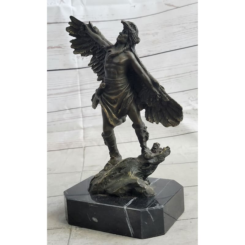 Native American Indian Eagle Dancer Shaman Medicine Man Bronze Sculpture Statue Marble Base
