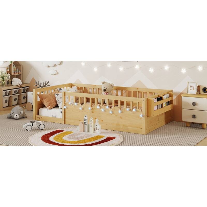 Montessori Floor Bed Frame with with Light and Storage Shelf
