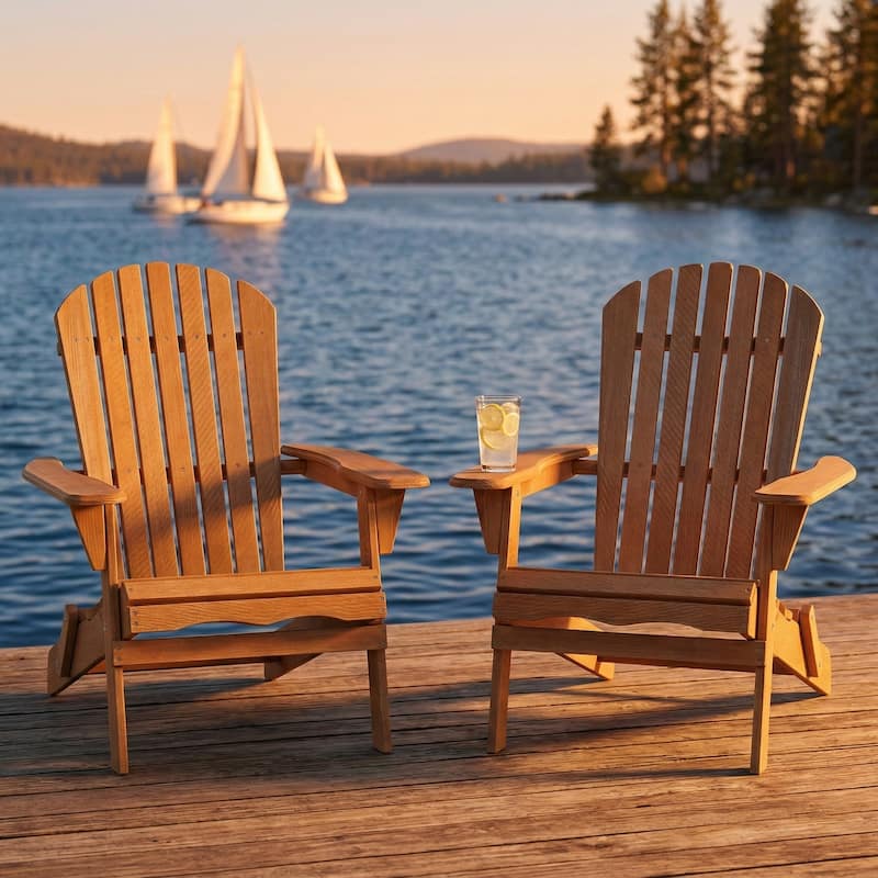 Outdoor Wooden Folding Adirondack Chair Set of 2 with Pre-Assembled BackRest, for Garden Backyard Porch Pool