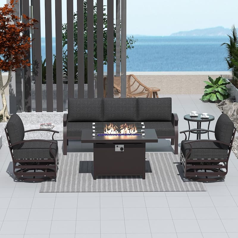 Kullavik Aluminum Outdoor Patio Furniture with Curved Armrests & Firepit Table - 5 seats w/FirePit - Black