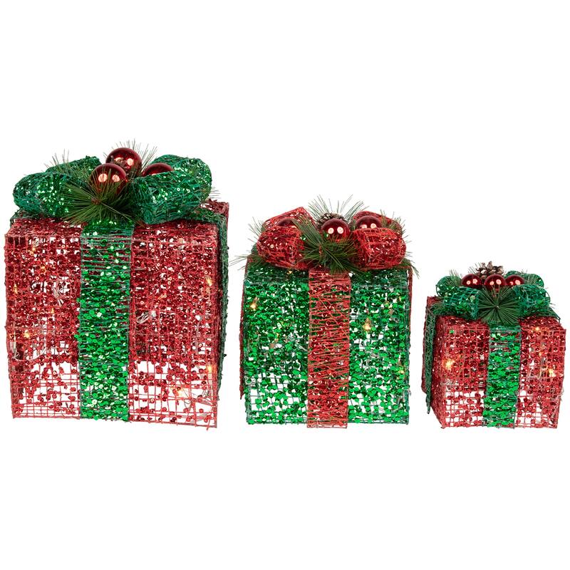 Set of 3 LED Lighted Red and Green Glitter Threaded Gift Boxes Outdoor Christmas Decoration - 10"