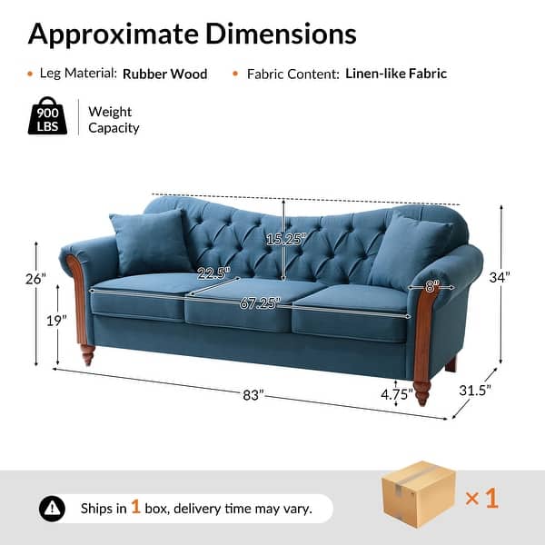 dimension image slide 0 of 5, Mario Traditional 83"Wide Tufted Sofa With Solid Wood Legs and Pillows by HULALA HOME