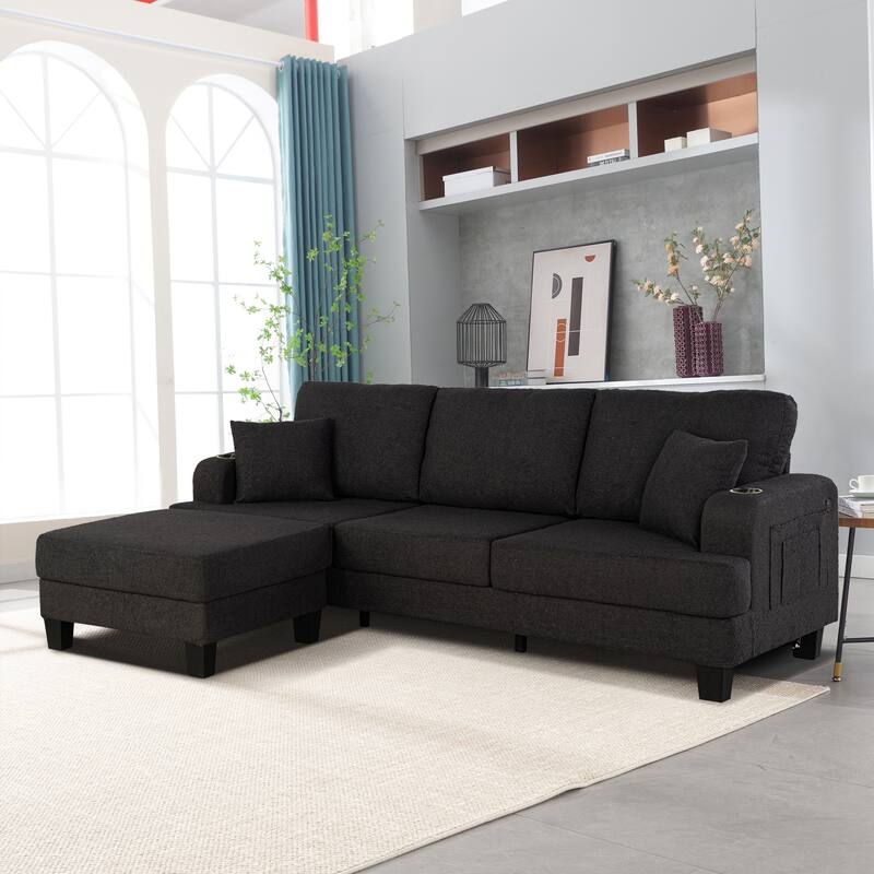 Modern Black Fabric 3-Piece Living Room Sofa Set with Loveset and Ottoman