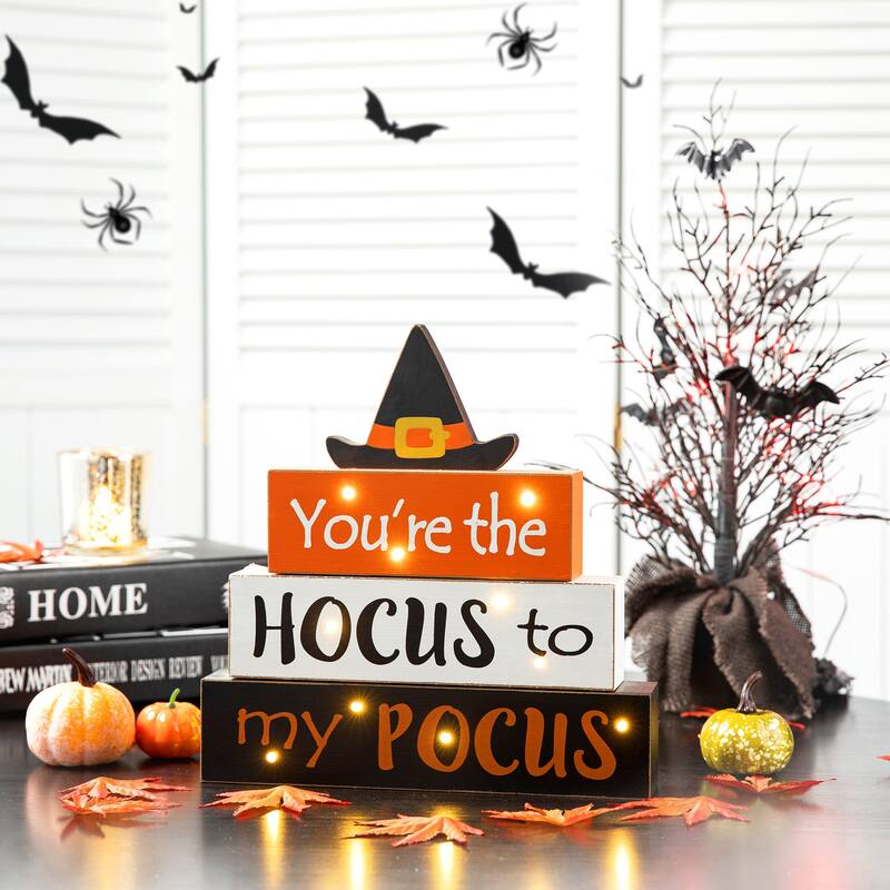 Glitzhome 11.75"H Halloween Wooden Lighted Witch Word Block Table Decor