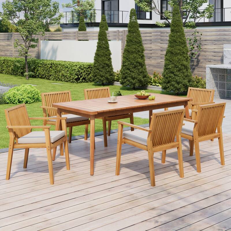 Christopher Knight Home - Eupraxia Acacia Wood Patio 7 Piece Dining Set - Teak+Natural+Beige