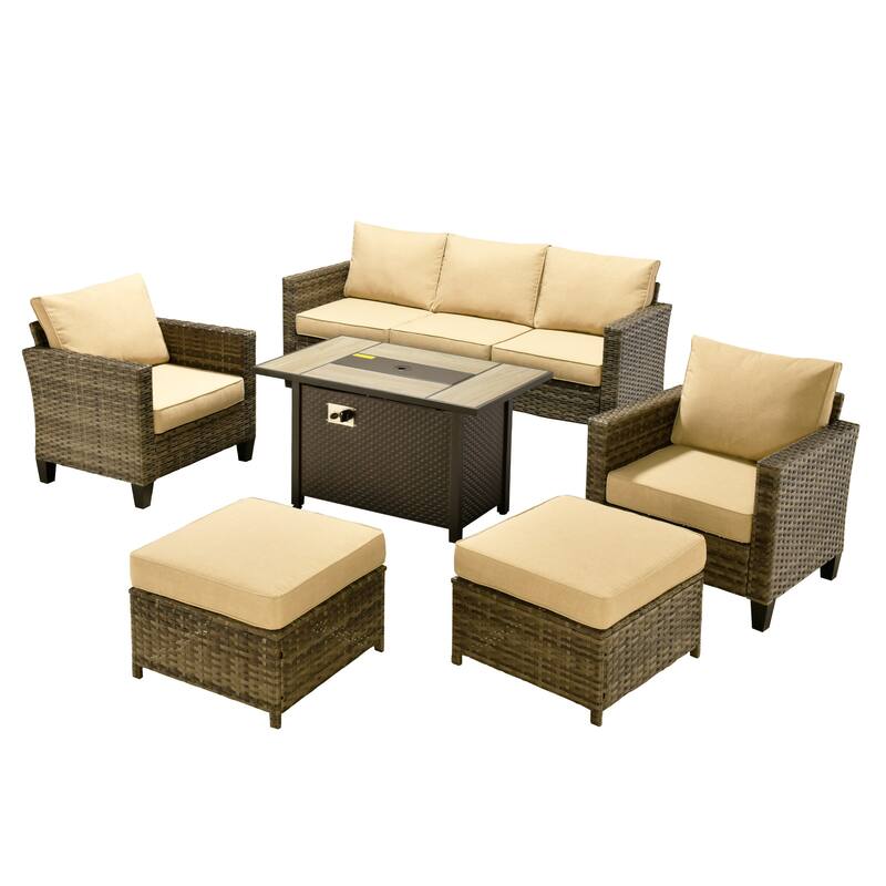 OVIOS 6-piece Patio Wicker Conversation Furniture Set With Fire Pit