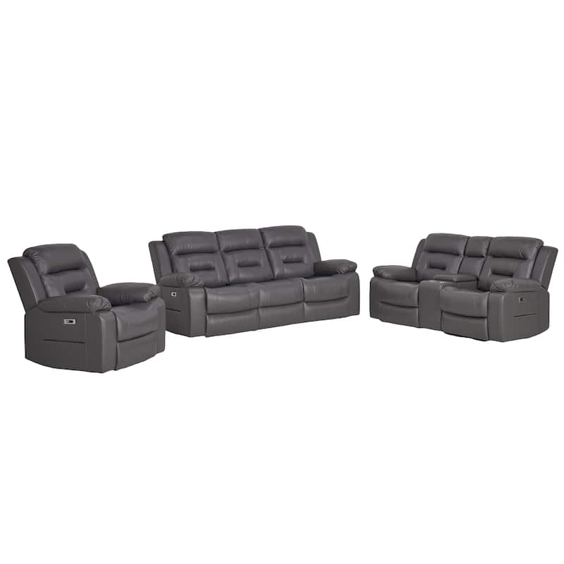 3-Piece Faux Leather Modular Design Power Recliner Sofa Set with USB&USB-C Charging - Grey