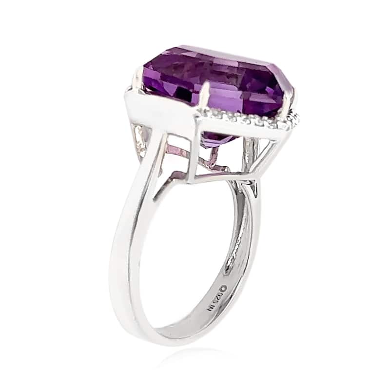 925 Sterling Silver Brazilian Amethyst, White Natural Zircon Hexagon Cut Ring