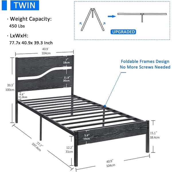 dimension image slide 0 of 3, VECELO Twin Size Kids Bed Industrial Platform Bed Frame with Wood Headboard,Twin Size Bed Set of 2