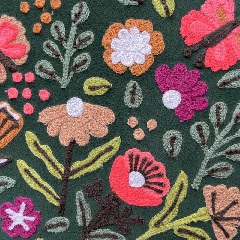 Handmade Floral Embroidered Round Pouf Ottoman - 18" - Green