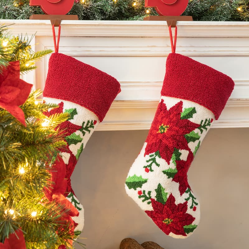 Glitzhome 21"L Poinsettia Cardinal Hooked Stocking