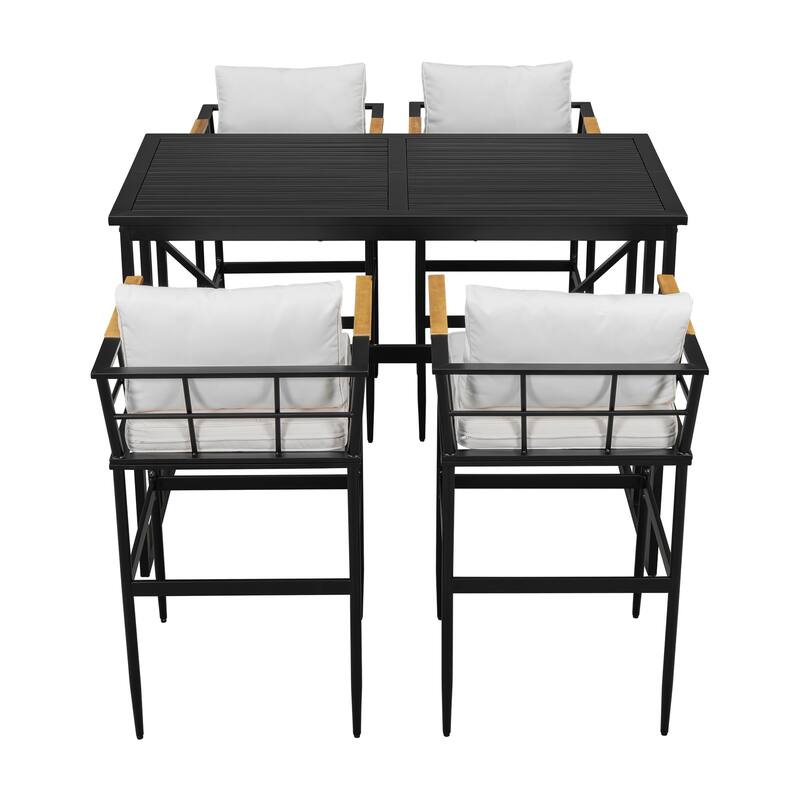 Outdoor Patio Metal Dining Set with Acacia Wood Armrest Suitable for Patio, Balcony or Backyard