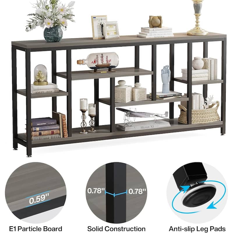 Industrial Console Table with Wood Top and Black Metal Frame Multi Tier Narrow Sofa Entryway Hallway Table