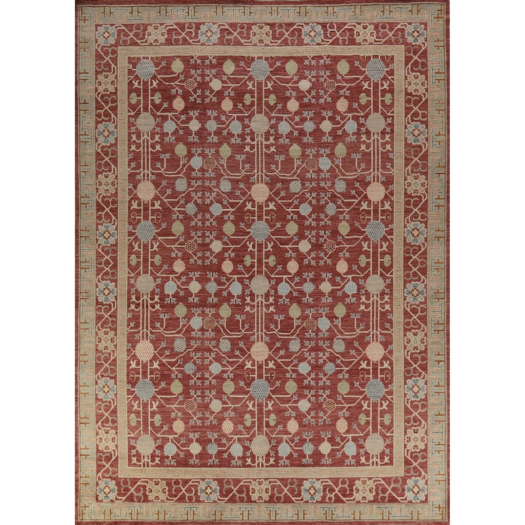 Hand Knotted Oriental 100% Wool Carpet Transitional All-Over Red Oushak Area Rug - 11' 11'' X 9' 4''