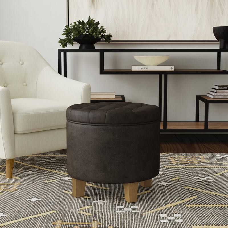 Carson Carrington Hare Button-tufted Round Storage Ottoman - Black Faux Leather