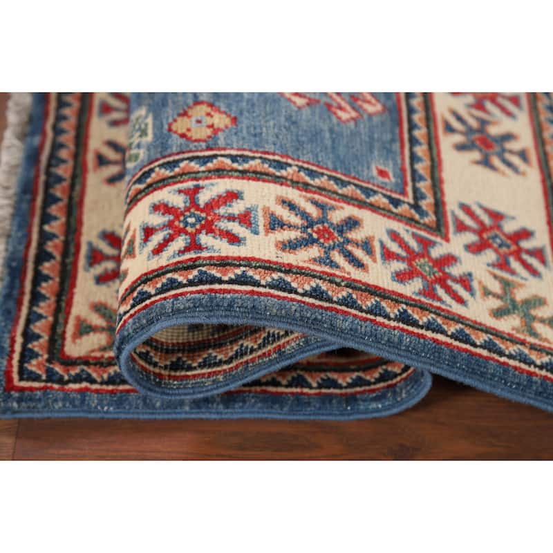 Blue Geometric Kazak Accent Rug Handmade Wool Carpet - 2'0" x 3'1"