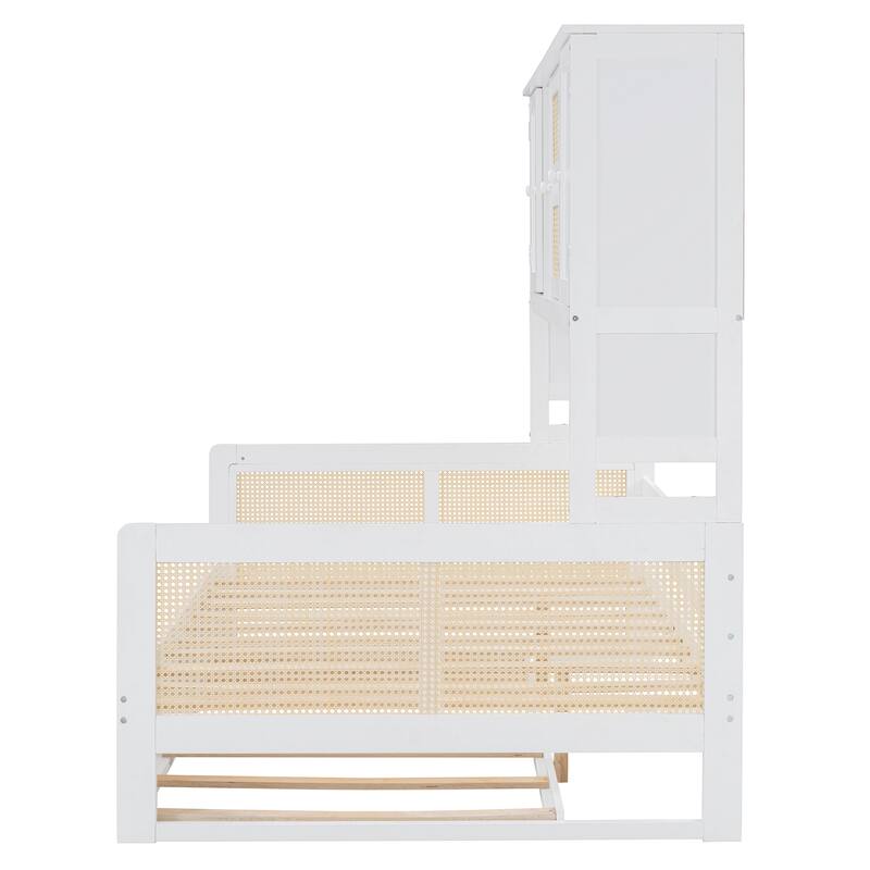 Wood Full Size Daybed with Built-In Storage Cabinet, Shelves & Twin Trundle, Rattan Accent, No Box Spring Needed