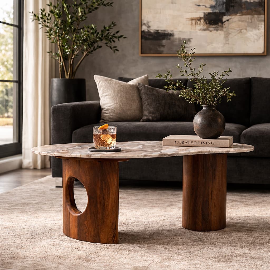 Marble Coffee Table with Wooden Legs - Brown/Gray, 41" - 40.5"