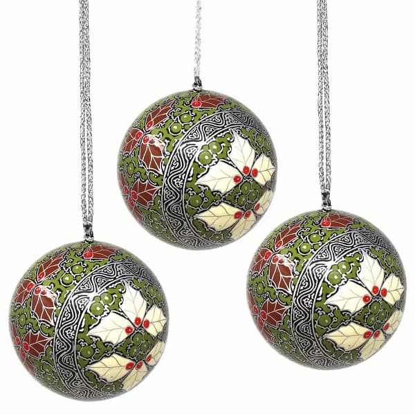 slide 1 of 16, Recycled Paper Handpainted Silver & Gold Ornaments, Set of 3 (India) Green