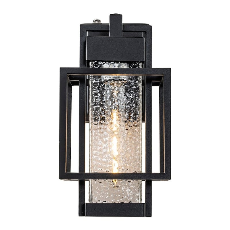Modern Black 1-Light Hammered Glass Lantern Outdoor Wall Sconce