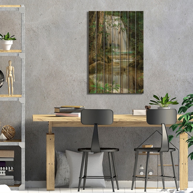 Seven Step Waterfall In Monsoon Forest, Erawan National Park, Thailand Print On Wood by Thomas Marent - Multi-Color