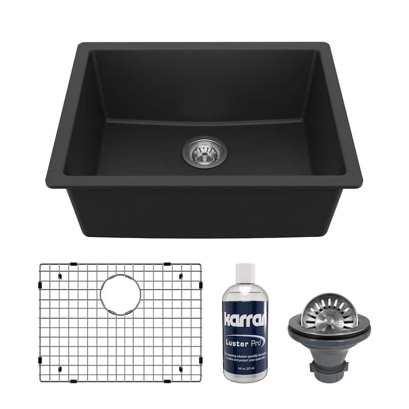 Karran Undermount 24.38 in Single Bowl Quartz Kitchen Sink Kit - Black