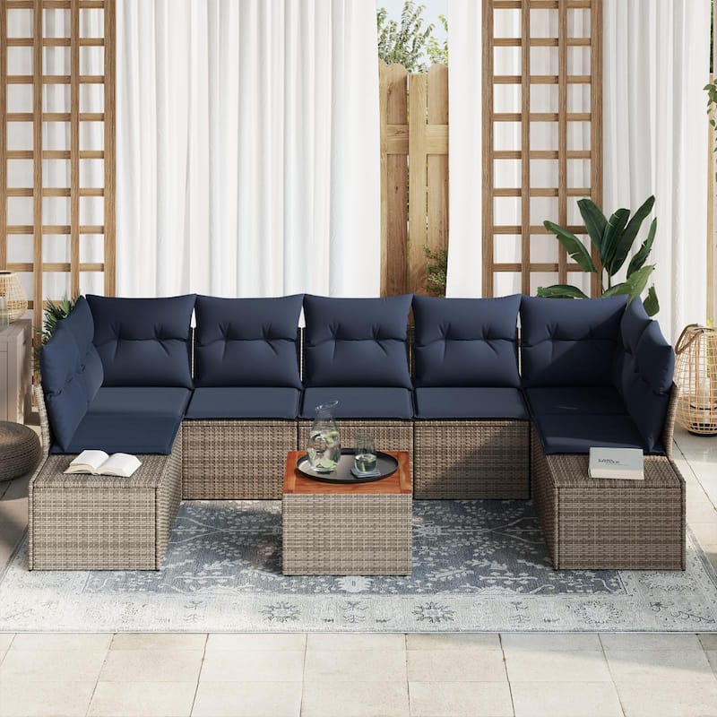 vidaXL 8 Garden Sofa Set with Cushions Black/Grey Poly Rattan - 113.8 x 60.6 x 27.2