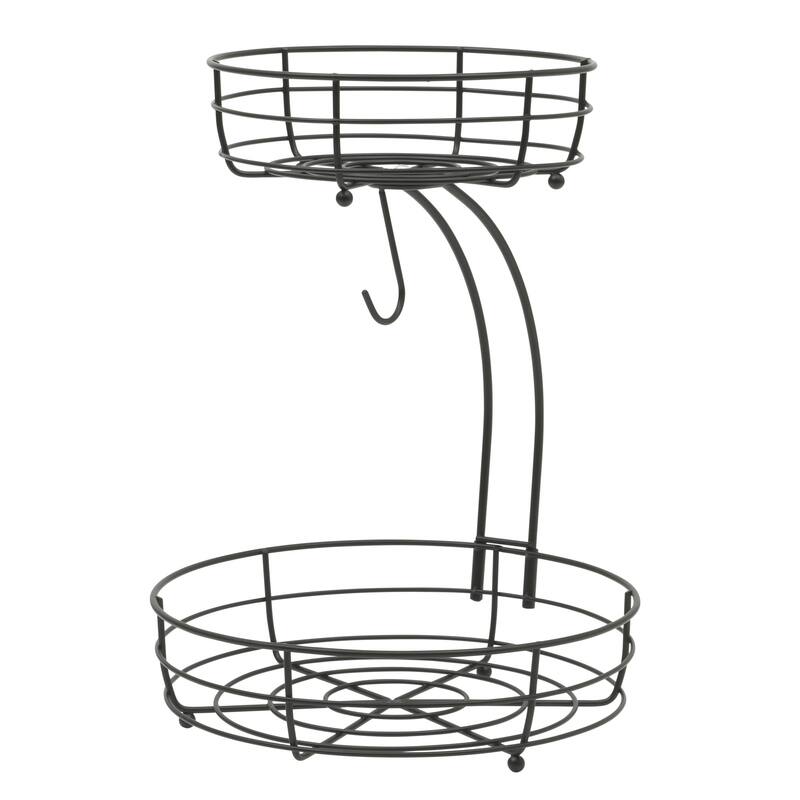 Gibson Home Fruit Basket Bowl with Banana Hanger - Black Metal Wire & Rubberwood Base - Countertop Produce Stand for Fruits - 11in x 11in x 15in