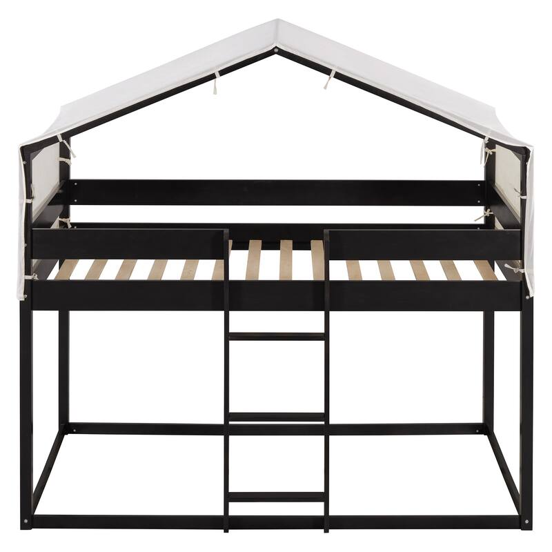 Twin Over Twin Wood Bunk Bed with Play Tent and Espresso Solid Wood, 250lb Capacity, Fun House Design for Kids
