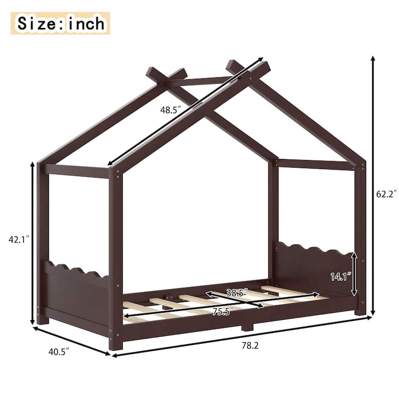 Kids Solid Wood House Floor Bed with Support Slats, Montessori Low Profile Bed, No Box Spring Needed