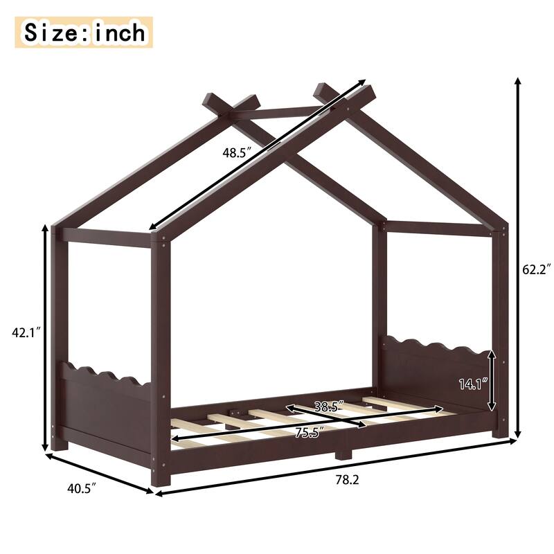 Twin House Floor Bed with Support Slats, Solid Wood House Bed Frame for Kids, No Box Spring Needed