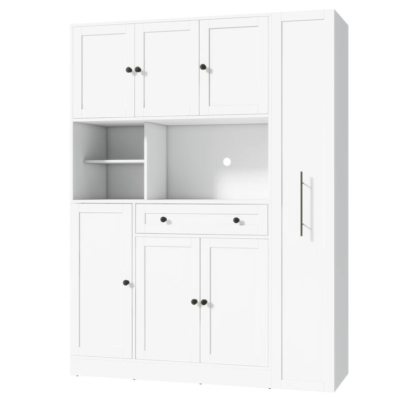 Roomfitters Large Kitchen Pantry Cabinet with Pull-Out Side Storage and Hutch, Shaker Style Buffet