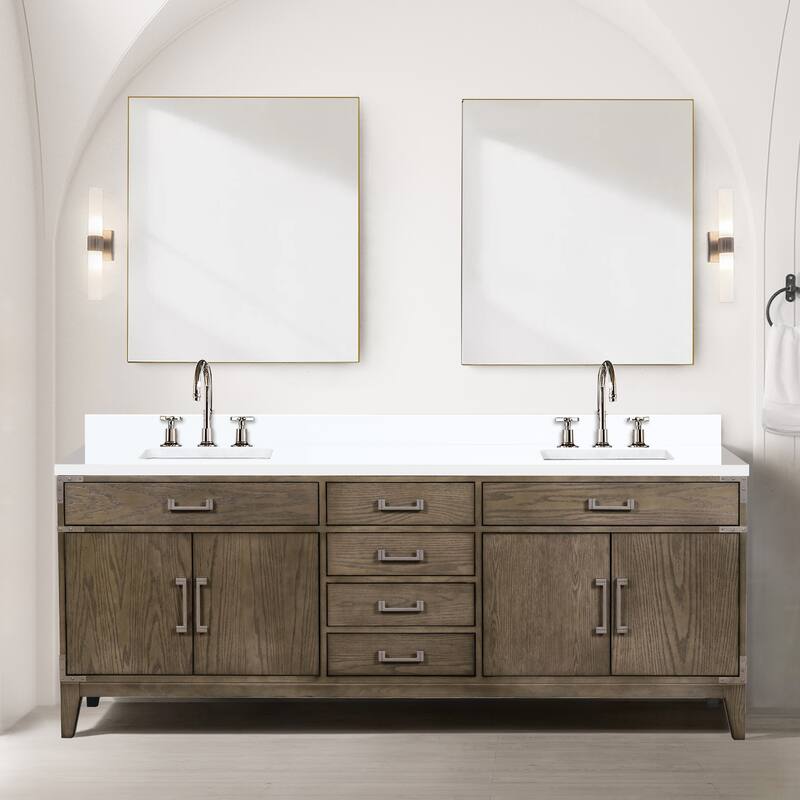 Laurel 60 in W x 22 in D Black Oak Double Bath Vanity, White Quartz Top, Faucet Set, and 28 in Mirrors