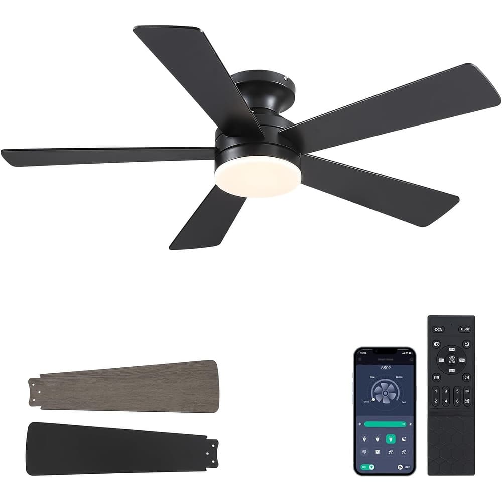 46 Inch Flush Mount Ceiling Fan with Light 5 Reversible Dual Side Blades for Bedroom,Living Room,Patio - 46 Inches