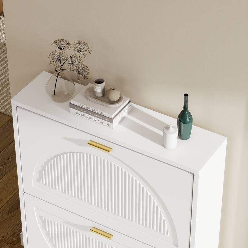 25''W Slim Shoe Cabinet, Fluted Hidden Shoe Storage Cabinet with 2 Flip Drawers, Wooden Shoe