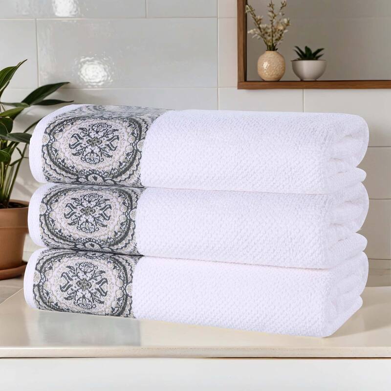 Superior Medallion Cotton Jacquard Textured Soft Bath Towel Set of 3 - White-Stone